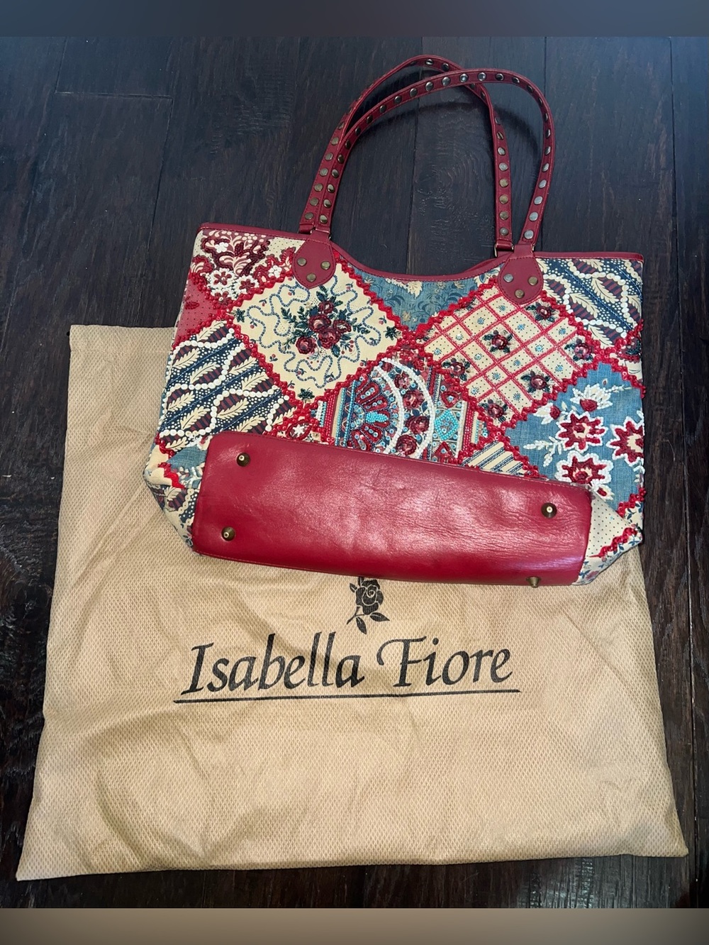 Vintage Isabella Fiore Patchwork Tapestry Sequin Beaded Tote Bag Boho Western